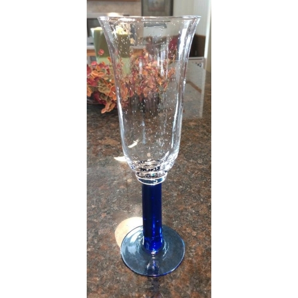 Hand Blown Blue Stemmed Bubble Champagne Flutes-3 - Picture 2 of 2